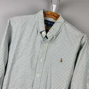Polo Ralph Lauren Custom Fit Shirt Mens M Blue Green Plaid Cotton Button Down